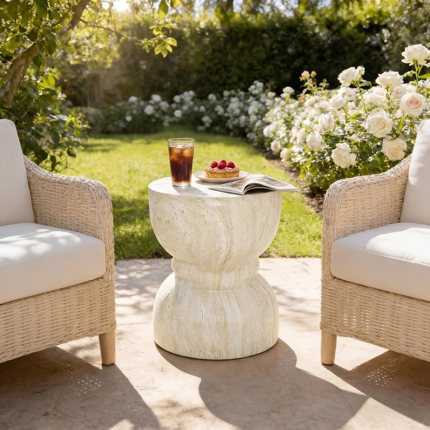 Outdoor Side Table, Round Waist End Table Indoor Imitation Natural Stone Texture Small Table for Living Room Patio Porch Garden Stool, Weather-Resistant