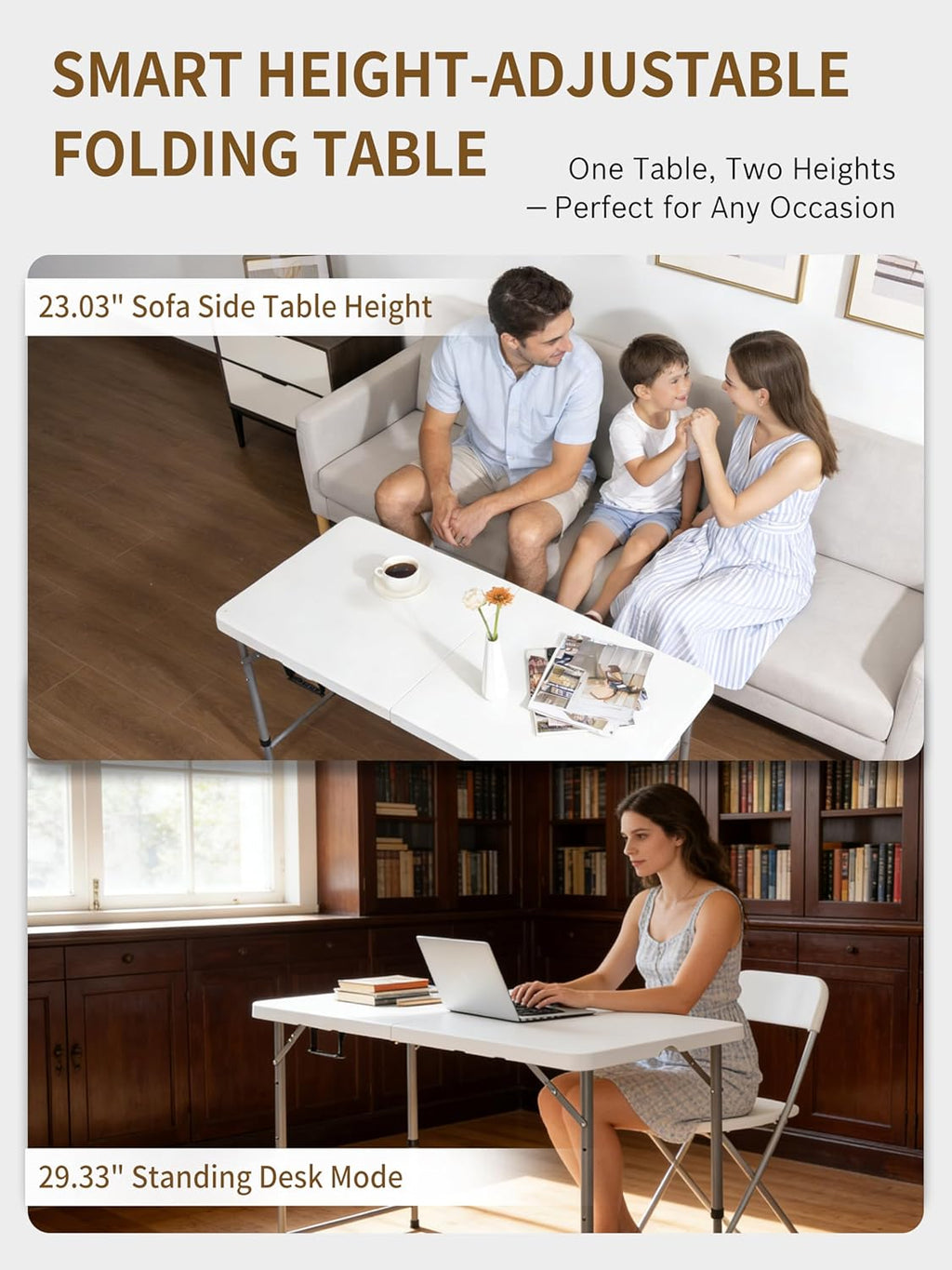 Folding Camping Table 4 Foot Adjustable Height 350lbs, 4FT Folding Picnic Card Table for Outdoor, Plastic Rectangular Dining Work Tables for Indoor, Heavy Duty Fold-in-Half Tray Tables