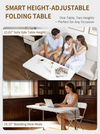 Folding Camping Table 4 Foot Adjustable Height 350lbs, 4FT Folding Picnic Card Table for Outdoor, Plastic Rectangular Dining Work Tables for Indoor, Heavy Duty Fold-in-Half Tray Tables