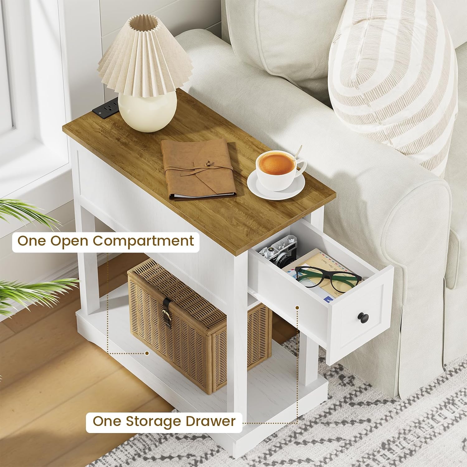 Side Table Set of 2, Side Table with Storage, Farmhouse End Table, Thicken Base, Nightstand with Charging Station, for Living Room, Bedroom, Rustic Brown and White