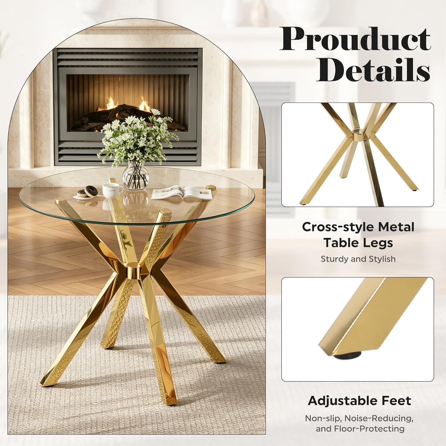 Baysitone Modern 5-Piece Dining Set with 36" Round Glass Table & 4 Woven Velvet Upholstered Dining Chairs, Gold Metal Table Legs, Kitchen & Dining Room Furniture for Small Spaces(Gray&Gold)