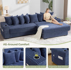 Modular Sectional Sofa Couch, 110.75" Convertible Sleeper Sofa Bed with Movable Ottoman & Cup Holder for Living Room | L Shaped Couch | Pull Out Couch Bed | Plush Corduroy Fabric, Blue