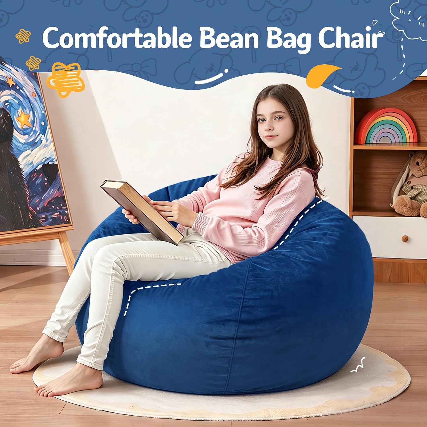 Homguava 2FT Bean Bag Chair: Bean Bags with Memory Foam Filled,Comfy Beanbag Chairs Round Bean Bag Sofa with Dutch Velvet Cover-2FT-28 x28 x22,Blue