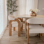 Farmhouse Dining Chairs Set of 4 - Upholstered Armchairs with Linen Cushions & Curved Wooden Arms, Barrel Wood Kitchen Chairs for Dining Room/Cafe/Kitchen Island (Oatmeal Beige)