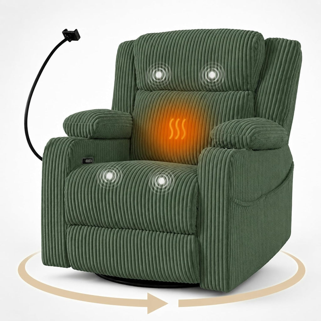 ERYE Power Reclining Chair Corduroy Upholstered Nursery Armchair,Glider Rocker Swivel Recliner W/Vibration Heat,USB-C Ports,Cupholder,Hidden Storage & Adjustable Headrest