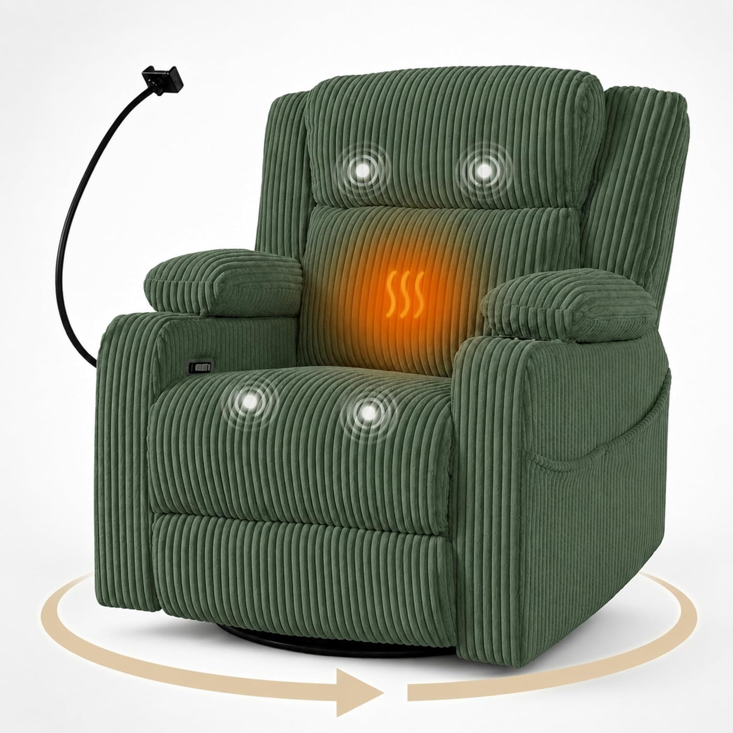 ERYE Power Reclining Chair Corduroy Upholstered Nursery Armchair,Glider Rocker Swivel Recliner W/Vibration Heat,USB-C Ports,Cupholder,Hidden Storage & Adjustable Headrest