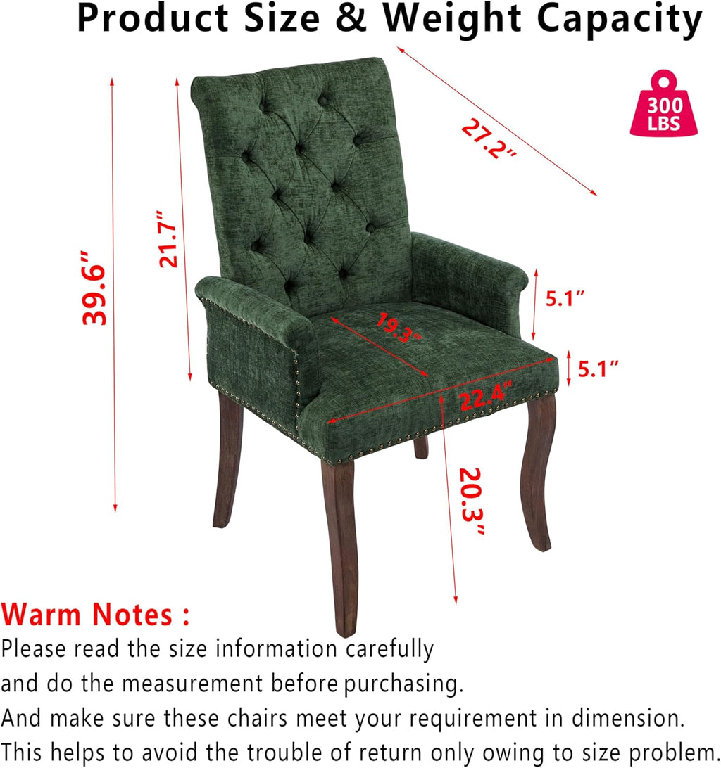 Chenille Tufted Dining Chairs with High Back,Neutral Fabric Upholstered Kitchen Chair with Rustic Solid Wood Legs,Farmhouse Side Chairs with Arms Nailhead Trim for Dining Room (Olive, 2PC)