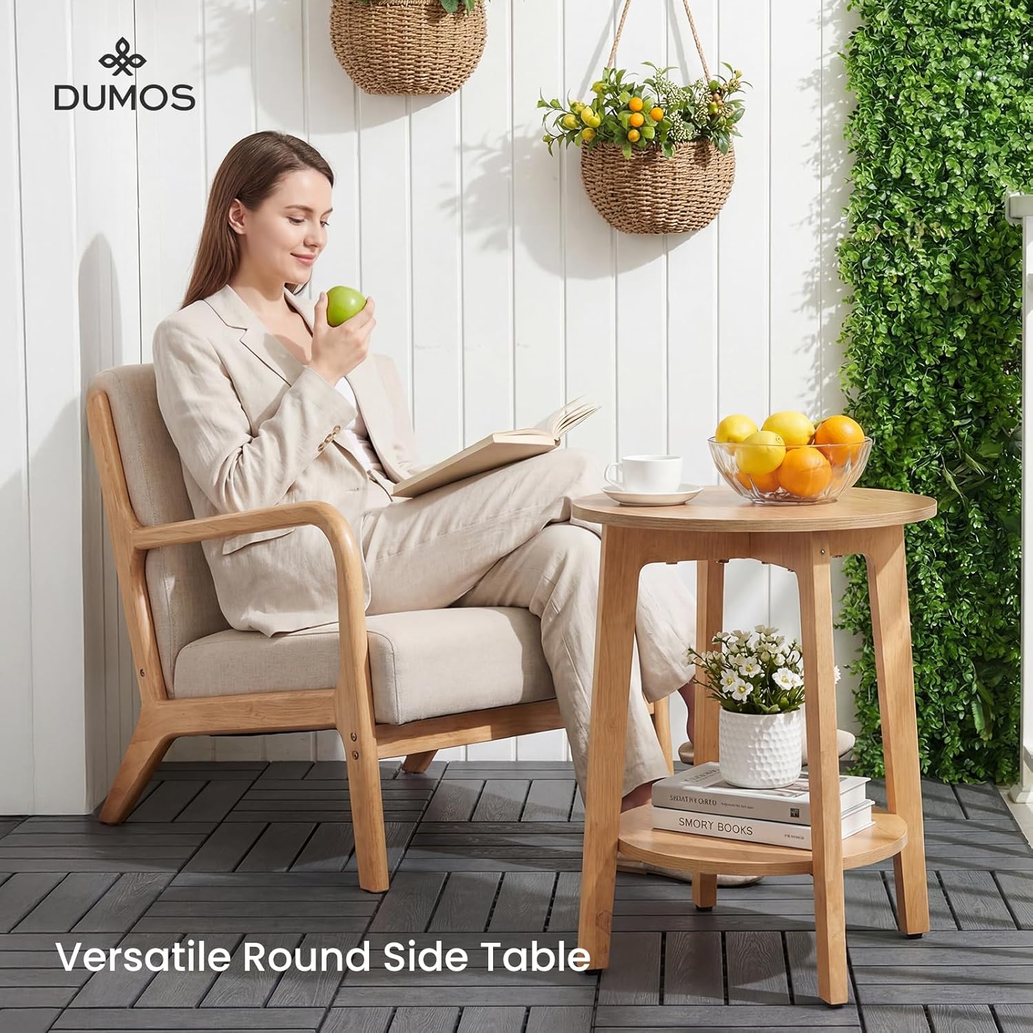 DUMOS Small Round Side Tables for Small Spaces, 2-Tier Boho End Table with Storage Shelf, Sturdy Simple Trending Bedside Nightstand with Non-Slip Pads for Living Room, Bedroom, Natural Wood