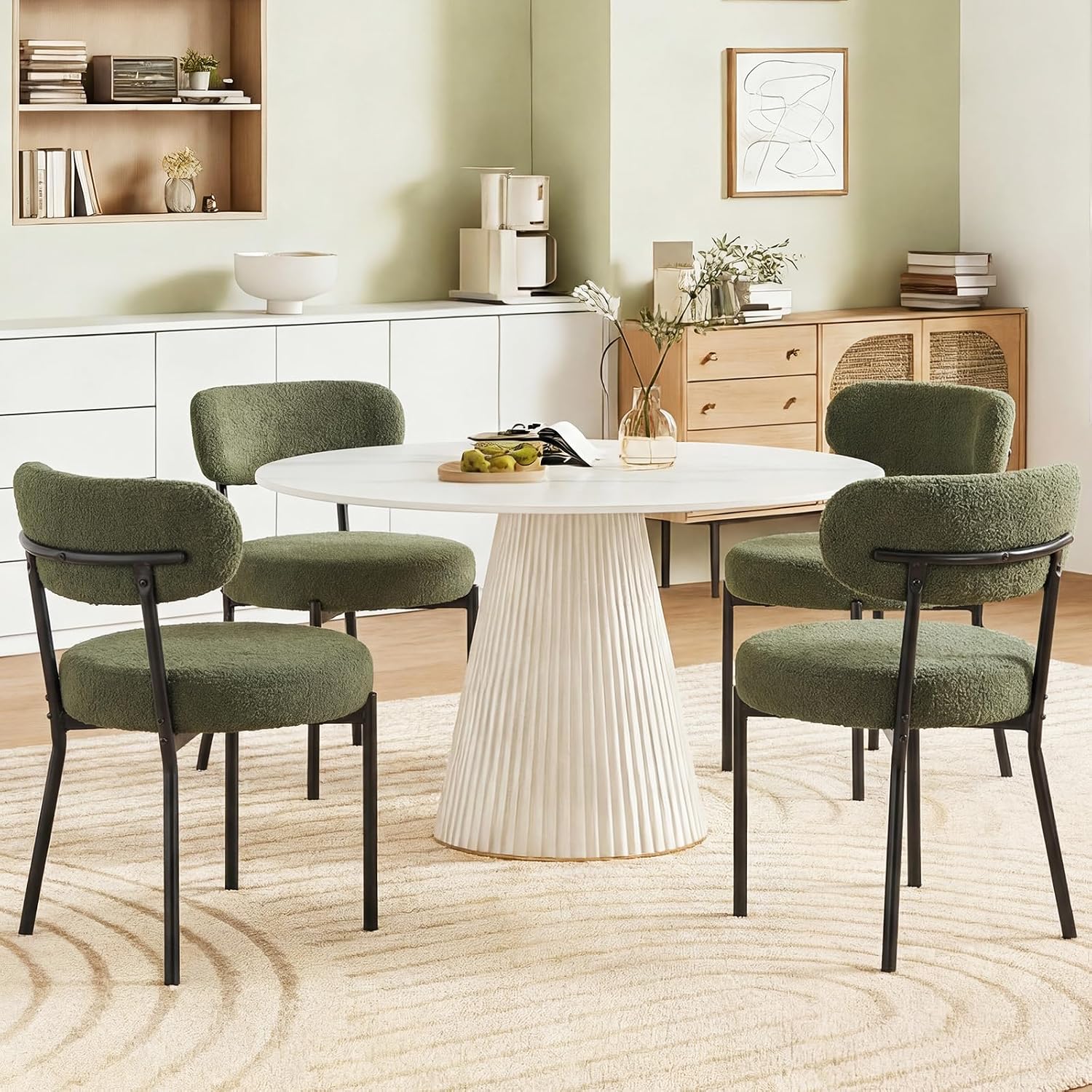 DUMOS Dining Chairs Set of 2, Mid Century Modern Chair Round Upholstered Curved Backrest, Kitchen Vanity Living Room Chairs with Black Metal Legs, Green