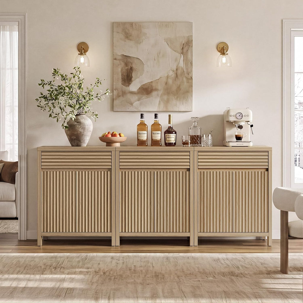 SICOTAS 58" Fluted Buffet Cabinet with Storage, Modern Farmhouse Sideboard with 4 Doors, 2 Drawers & Adjustable Shelves, Sturdy Credenza for Kitchen, Living Room & Entryway, Reclaimed Light Oak