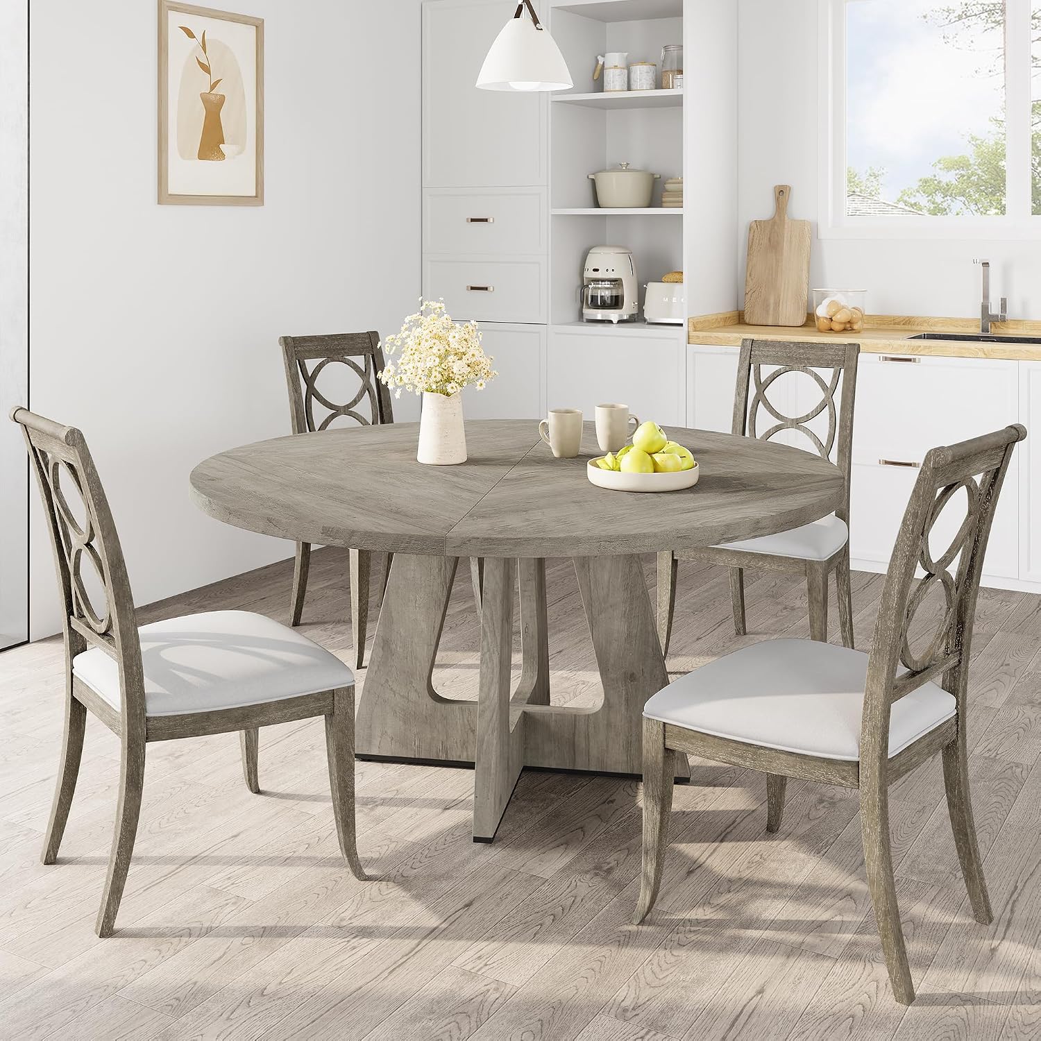 47" Round Farmhouse Dining Table, Seats 4–6, Wood Top & Legs, Sturdy Kitchen Table for Home, Dining Room, or Living Room – Grey (No Chairs)