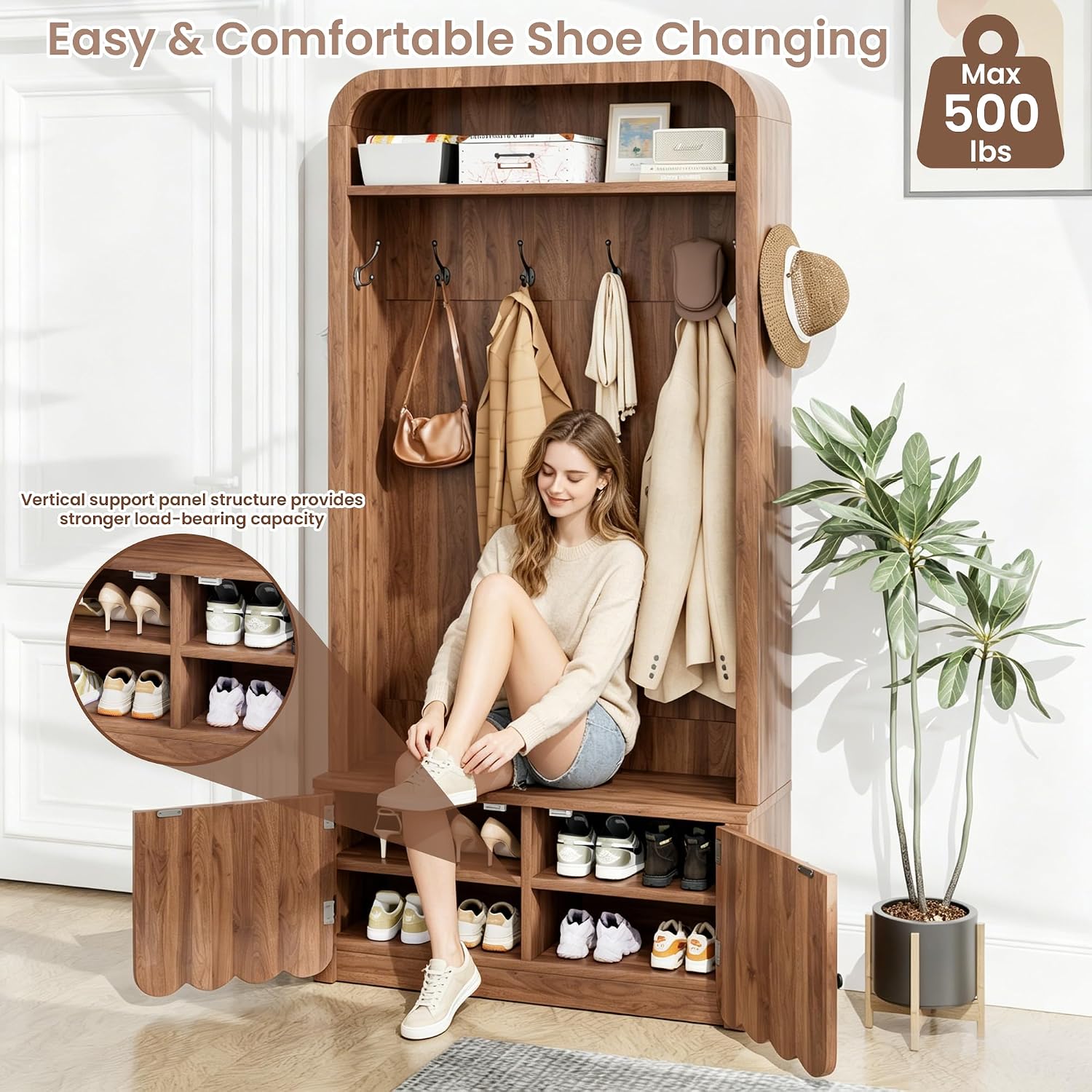 Narrow Hall Tree with Bench and Shoe Storage, Arched Entryway Coat Rack with Adjustable Shoe Cabinet,8 Hooks, Modern Rustic Mudroom Storage Organizer with Scalloped Wave Fluted Doors (Walnut)