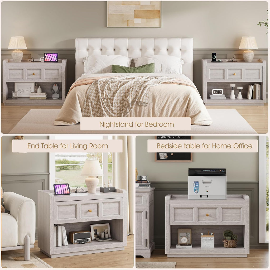 Night Stand Set of 2 with Charging, 31" Farmhouse Nightstands with Drawer Storage Large Modern King Size Bed Side Table for Bedroom Living Room Sofa Office, Grey