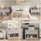 Night Stand Set of 2 with Charging, 31" Farmhouse Nightstands with Drawer Storage Large Modern King Size Bed Side Table for Bedroom Living Room Sofa Office, Grey