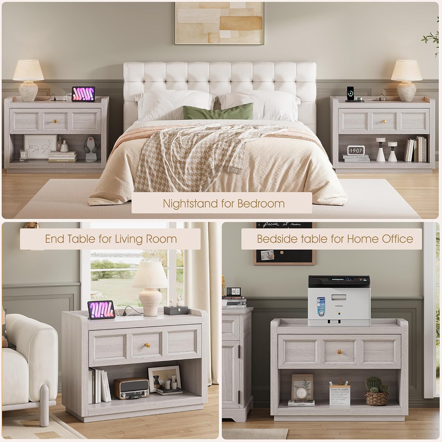 Night Stand Set of 2 with Charging, 31" Farmhouse Nightstands with Drawer Storage Large Modern King Size Bed Side Table for Bedroom Living Room Sofa Office, Grey