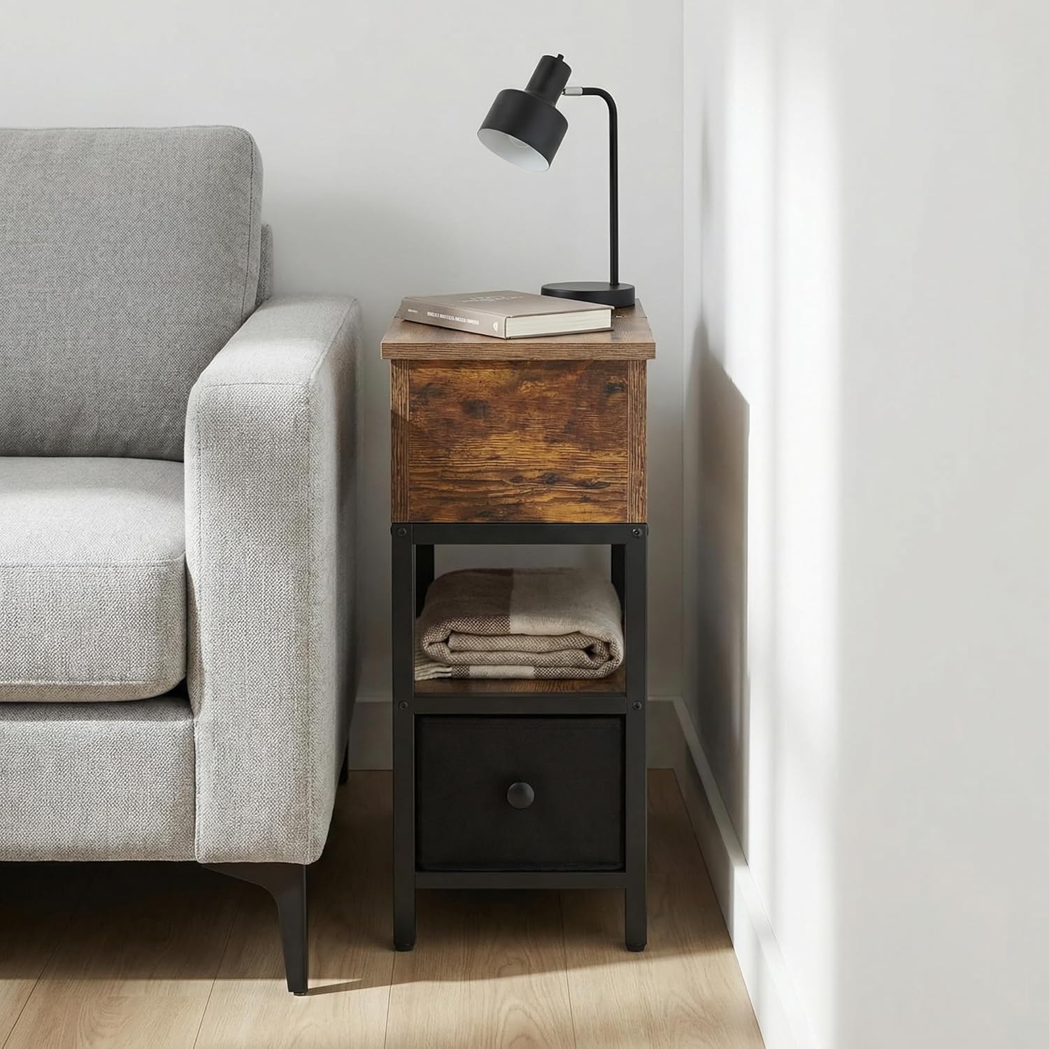 Flip Top Narrow End Table with Hidden Storage, Small Side Table with Fabric Drawer, Bedside Tables with Shelf,Metal Frame Chairside Table for Sofa, Living Room, Small Spaces,Rustic Brown