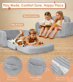 Extra Wide 2-in-1 Convertible Kids Couch | Large Corduroy Toddler Sofa Chair with Storage Pocket & Blanket | Foldable Foam Play Couch| Non-Toxic, for Boys & Girls, Grey
