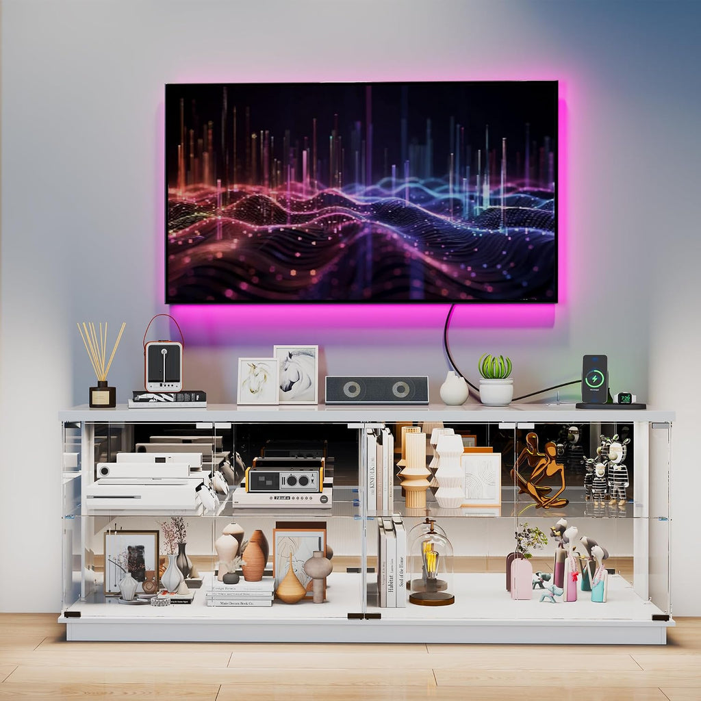HNEBC 71" Glass Display TV Cabinet with Power Strip for Living Room,White | TV Stand with Glass Doors , LED Curio Cabinet for Collections,Modern Entertainment Center with Motion Sensor RGB Lights