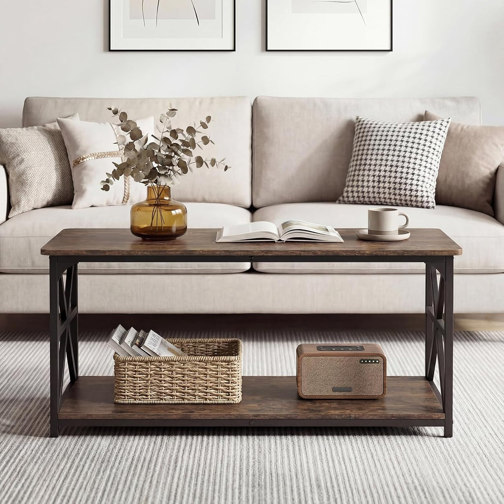Giantex Farmhouse Coffee Table, 43" Center Table with Storage & X-Shaped Frames, 2-Tier Modern Accent Cocktail Tea Table, Rectangular Wooden Living Room Tables for Small Spaces, Rustic Brown