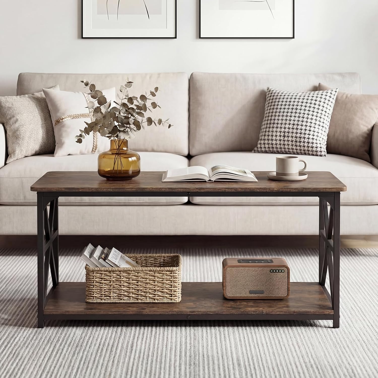 Giantex Farmhouse Coffee Table, 43" Center Table with Storage & X-Shaped Frames, 2-Tier Modern Accent Cocktail Tea Table, Rectangular Wooden Living Room Tables for Small Spaces, Rustic Brown