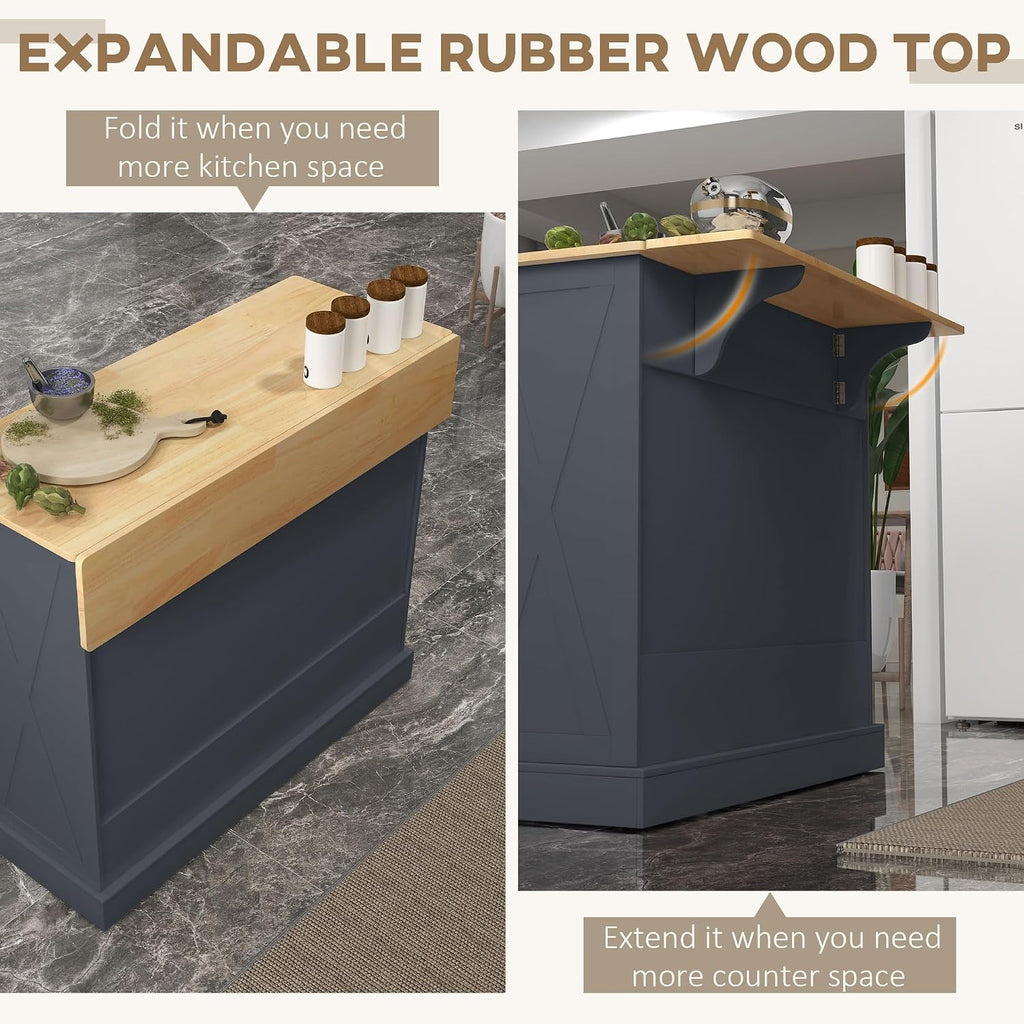 HOMCOM Rolling Kitchen Island with Drop Leaf Wood Breakfast Bar, Farmhouse Kitchen Cart with 2 Drawers, Adjustable Shelves for Dining Room, Dark Gray