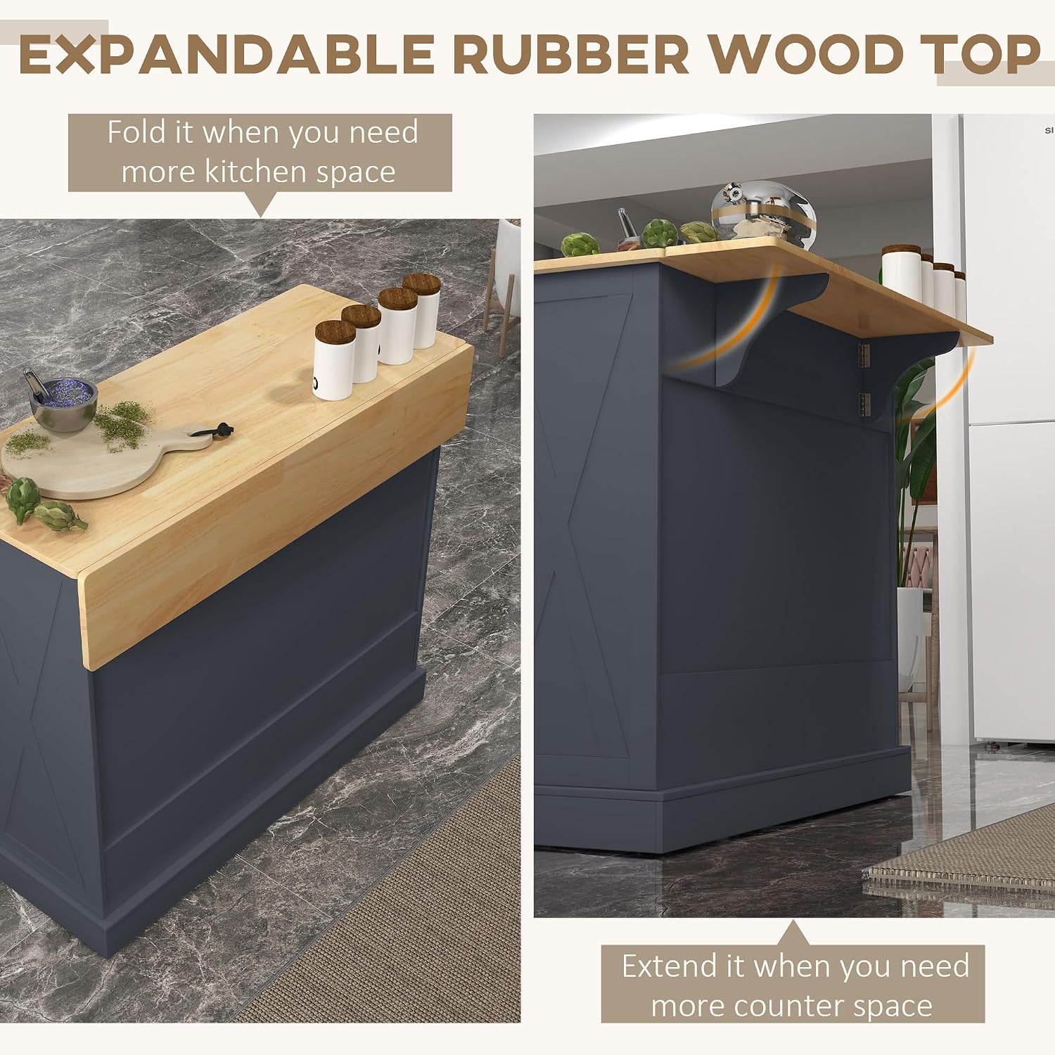 HOMCOM Rolling Kitchen Island with Drop Leaf Wood Breakfast Bar, Farmhouse Kitchen Cart with 2 Drawers, Adjustable Shelves for Dining Room, Dark Gray