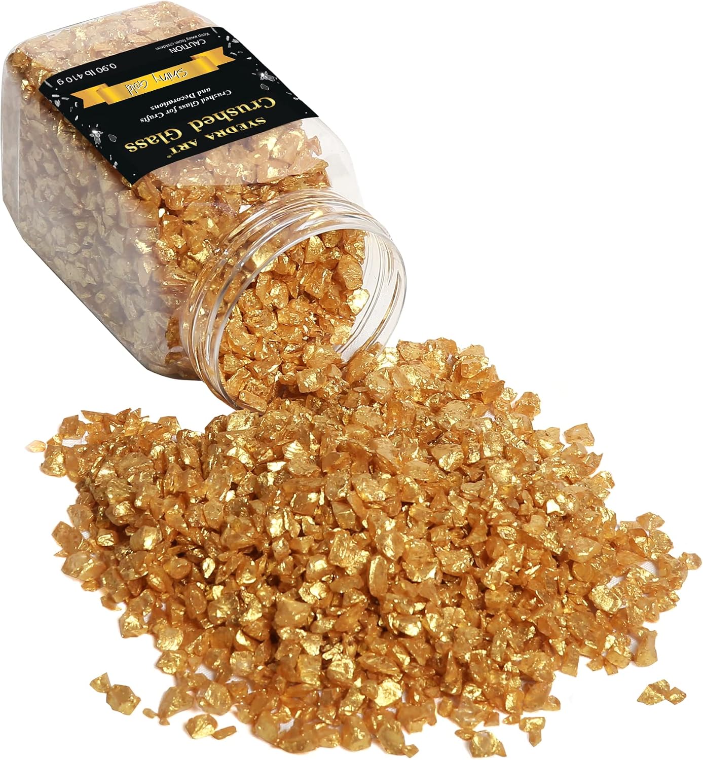 Syedra Crushed Glass for Crafts, Crushed High Luster Chips, Glitter, Broken Glass Pieces, Bar, Vase, Garden Decoration, 3-6mm, 410G (Shiny Gold)