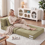 Folding Sofa Bed Convertible Sleeper Sofa with Pillow Modern Tufted Folding Couch Bed Lazy Chair Floor Futon for Living Room Bedroom Apartment Guest Room Green 32IN