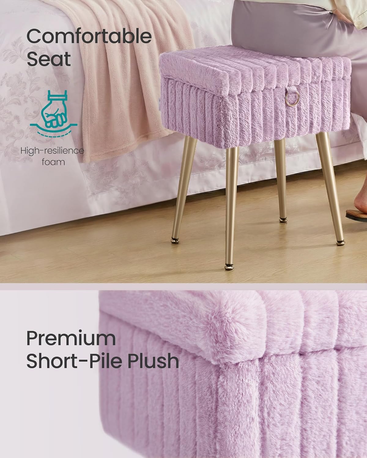 SONGMICS Vanity Stool Chair Faux Fur with Storage, Vanity Bench, Metal Legs, Adjustable Feet, for Living Room, Bedroom, Makeup Room, Light Lilac ULOM505PZ02