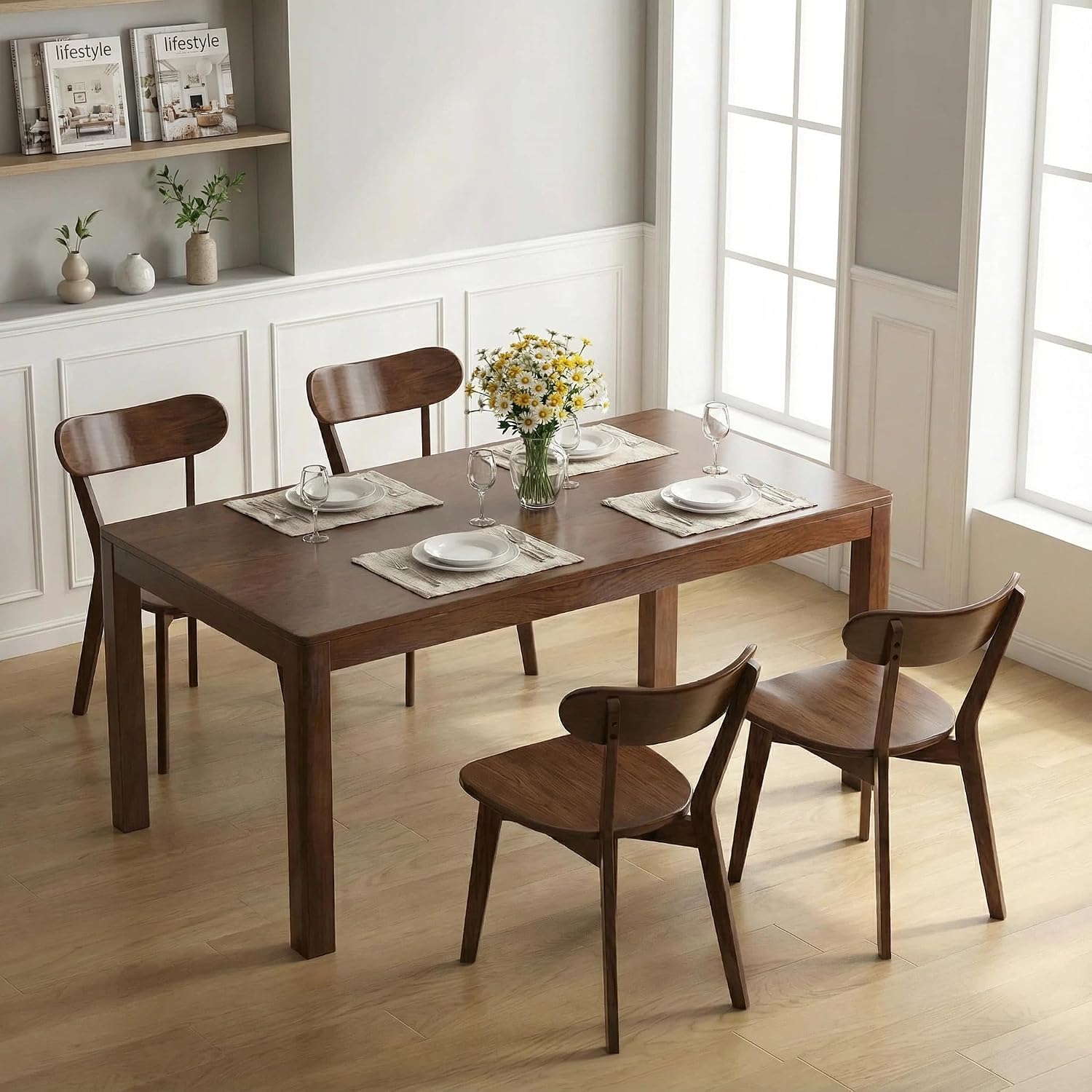 100% Solid Wood Dining Chairs,Mid Century Modern Dining Chairs with Rounded Backrest,Kitchen,Dining Room Chairs Set of 1/2/4 (6, Walnut Color)