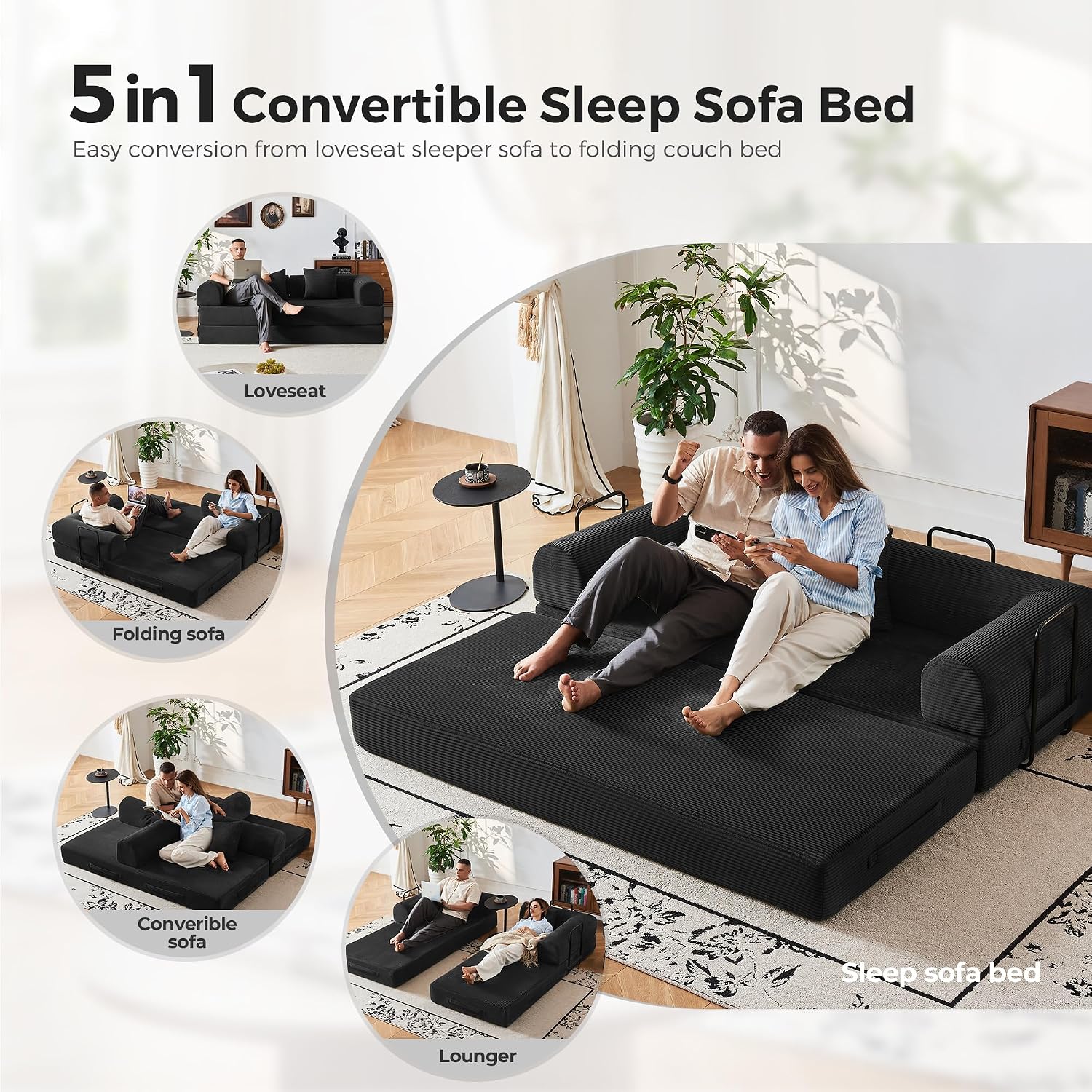 79" 5-in-1 Convertible Sofa Bed No Assembly, Boneless Couch Bed with High Density Foam, Foldable Sleeper Sofa, Corduroy Modular Couch for Apartment, Studio, Dorm Room, Small Space, Black