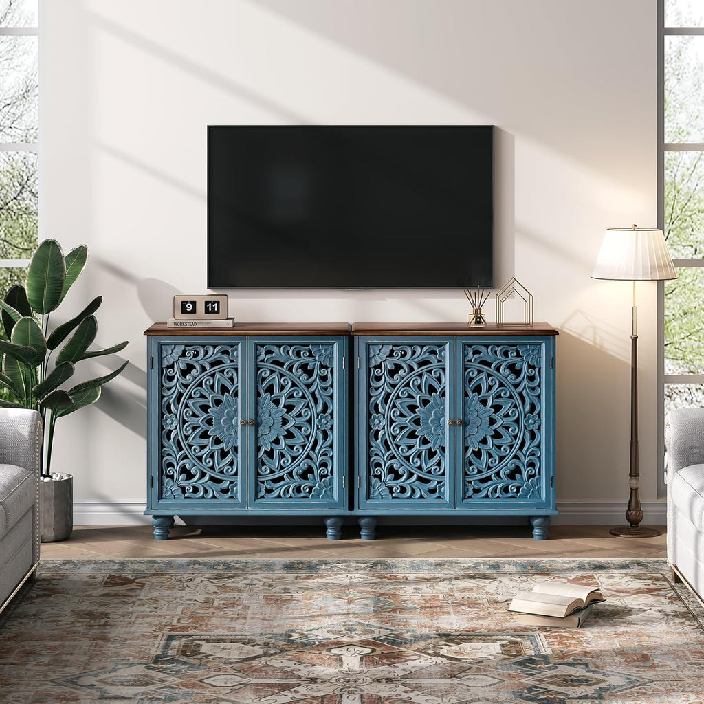 Jiansu furni Sideboard Buffet Cabinet with Storage, 31.6" High Accent Cabinet with 2 Carved Doors, Sturdy Storage Organizer with Solid Wood Bun Feet for Kitchen Coffee Bar, Blue & Walnut