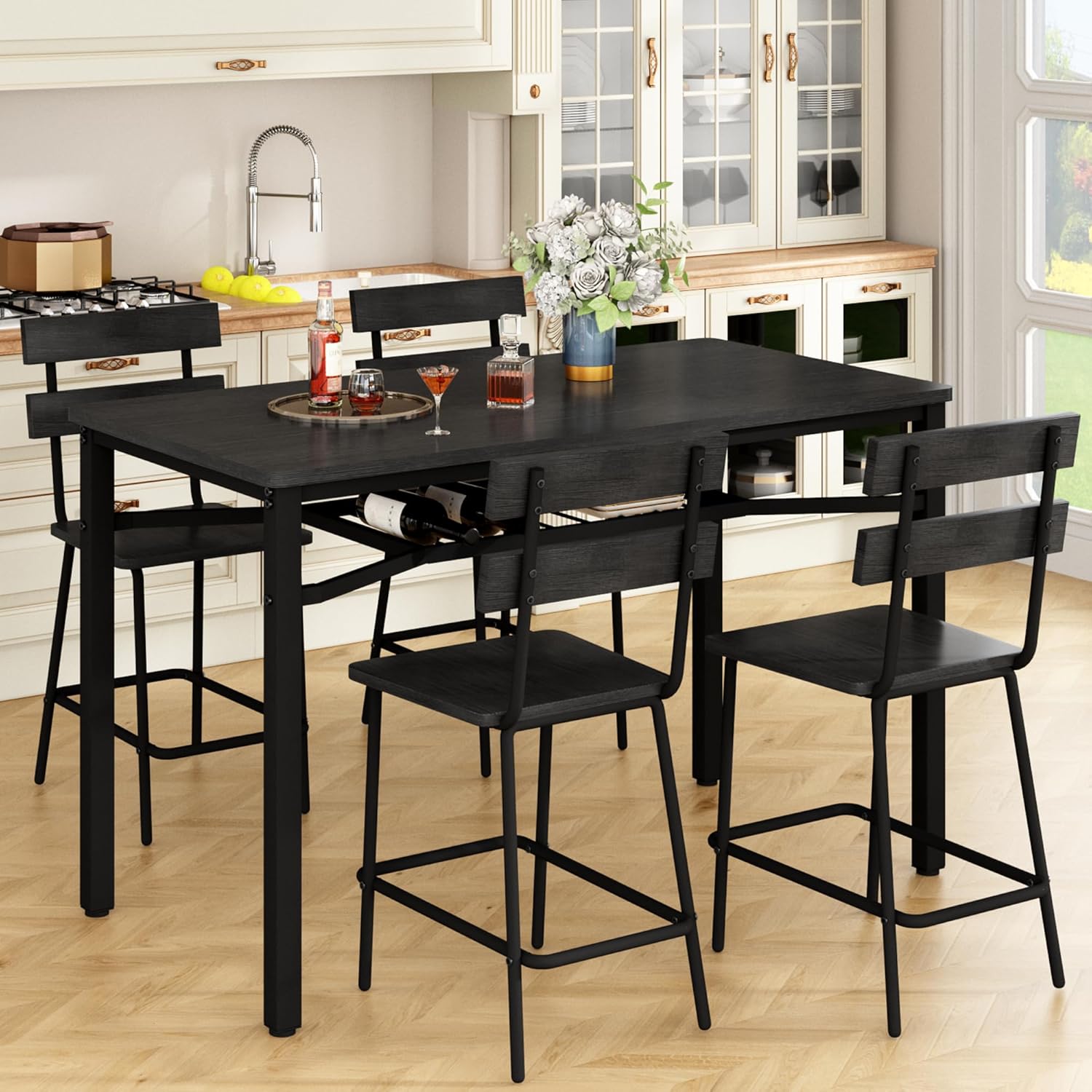 Hooseng 5-Piece Dining Table Set for 4, Counter Height Kitchen Table & 4 Bar Stools, Hightop Bar Table and Chairs Set with Storage, Farmhouse Small Dinette Set for Pub, Dining Room, Small Space