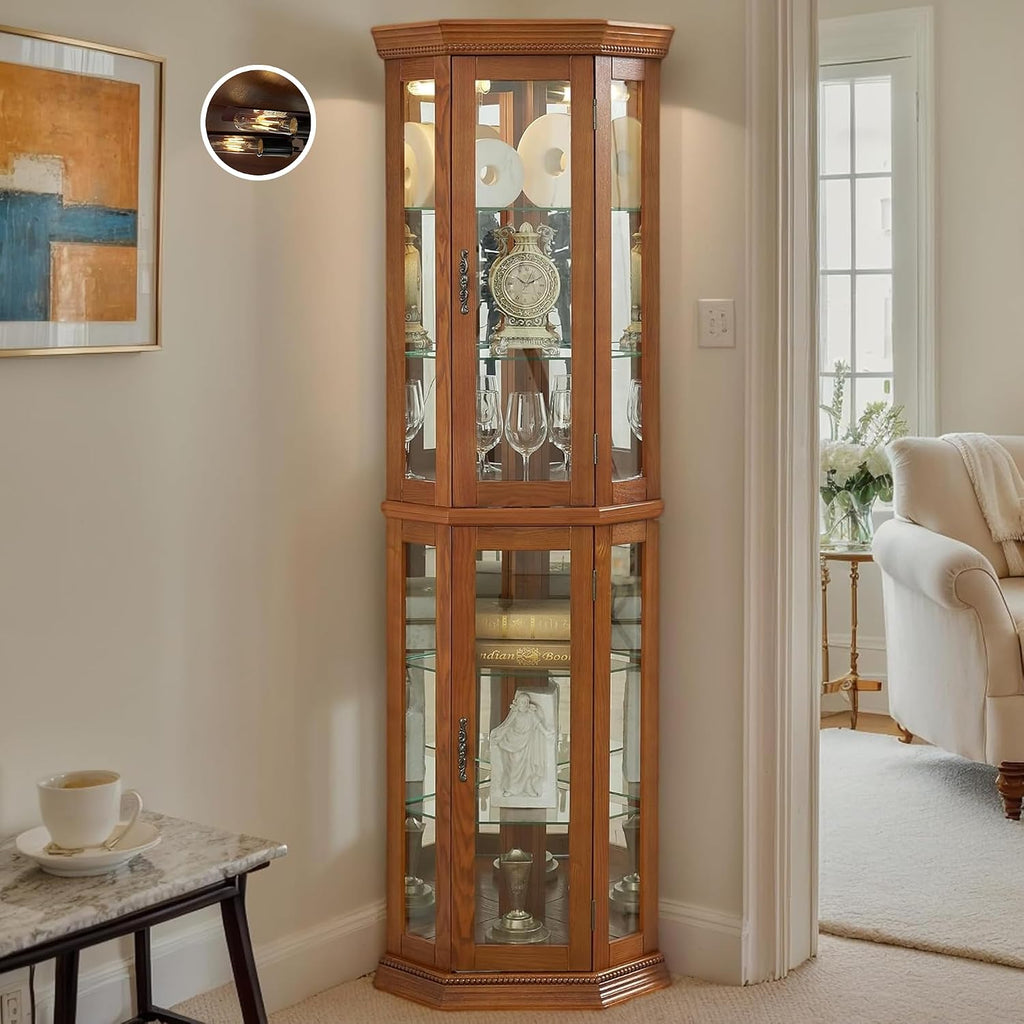 Corner Curio Cabinet with Light Bulb, Tempered Glass Doors, Floor Standing Glass Display Cage with 6 Tempered Glass Shelves, Wine Cabinet Storage Rack for Bar and Liquor Storage (Oak)