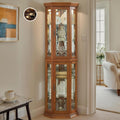 Corner Curio Cabinet with Light Bulb, Tempered Glass Doors, Floor Standing Glass Display Cage with 6 Tempered Glass Shelves, Wine Cabinet Storage Rack for Bar and Liquor Storage (Oak)