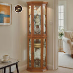 Corner Curio Cabinet with Light Bulb, Tempered Glass Doors, Floor Standing Glass Display Cage with 6 Tempered Glass Shelves, Wine Cabinet Storage Rack for Bar and Liquor Storage (Oak)