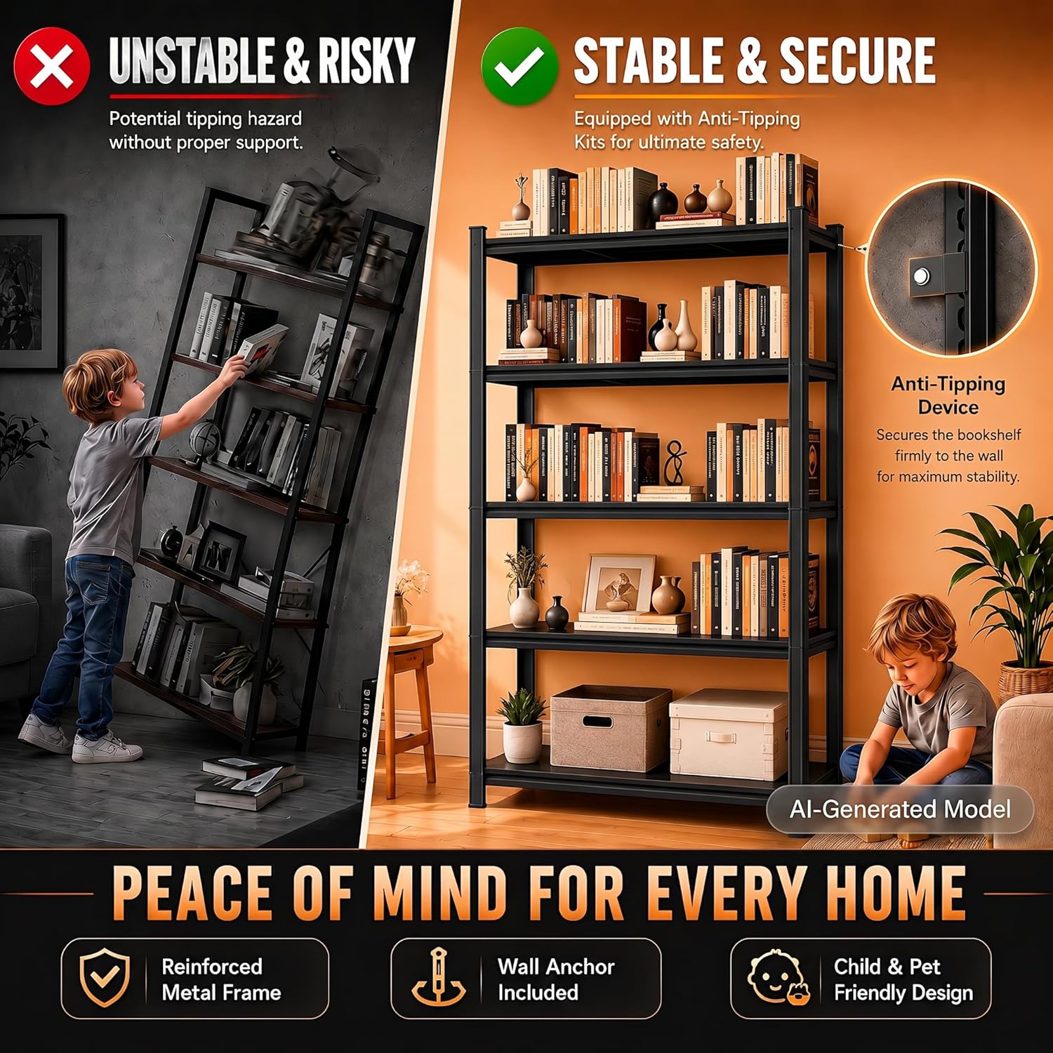 Bolt-Free 6 Tier Metal Bookshelf, 2 in 1 Adjustable Tall Bookcase, 1800LBS Heavy Duty Deep Book Shelf, Industrial Black Wide Bookshelf, Modern Book Shelves for Bedroom, Living Room, 40"W x16"D x 82"H