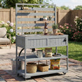 RuiSiSi Patio Rolling Kitchen Island Solid Wood Kitchen Cart with Sink, Garden Potting Bench with Stainless Table Top, 2 Movable Shelves and 1 Bottle Opener, Grey