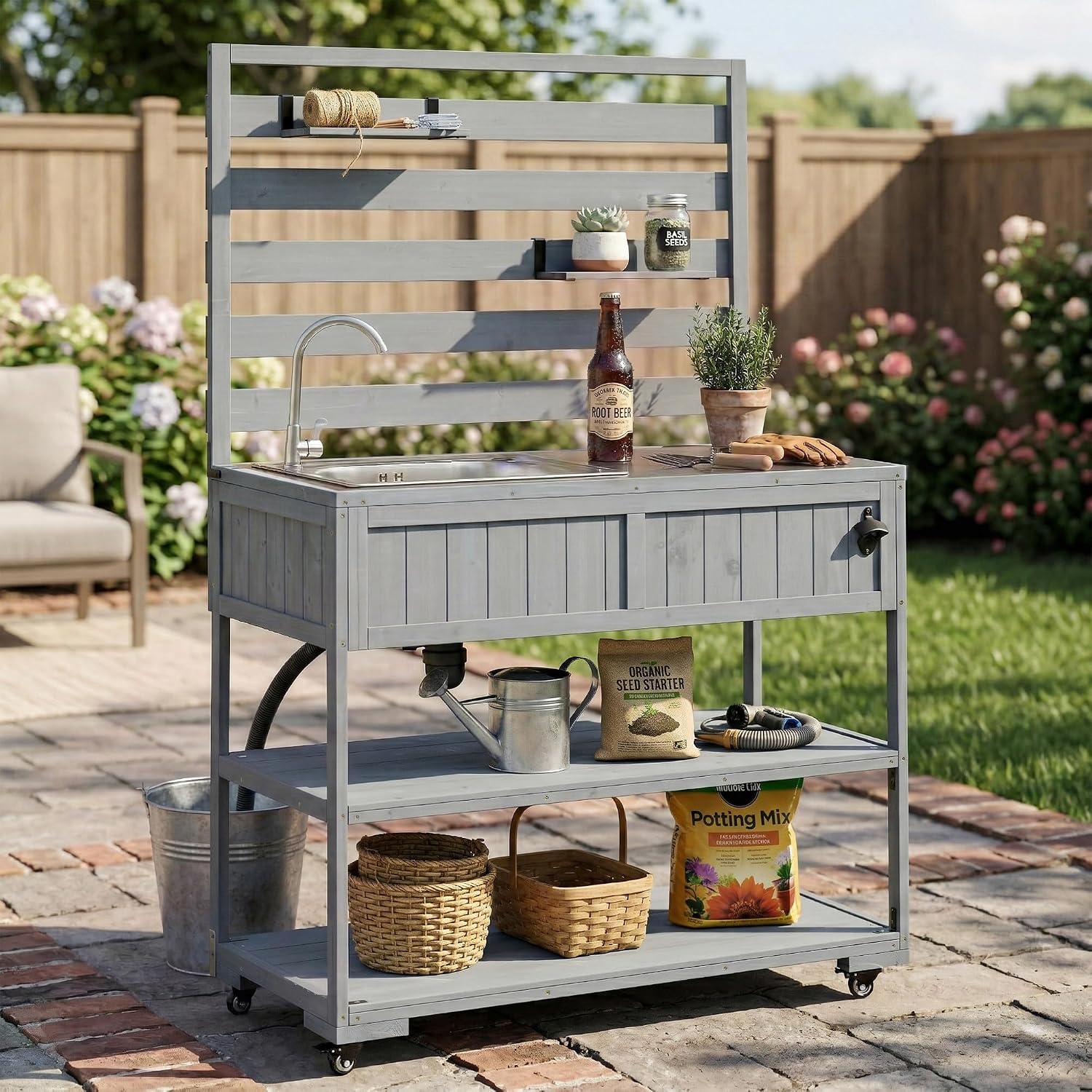 RuiSiSi Patio Rolling Kitchen Island Solid Wood Kitchen Cart with Sink, Garden Potting Bench with Stainless Table Top, 2 Movable Shelves and 1 Bottle Opener, Grey