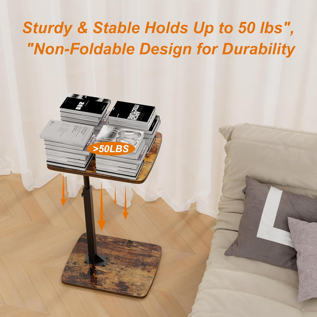 TV Tray Table for Small Spaces with 360° Swivel Tabletop & Height Adjustable,C Shaped Sofa Arm End Side Table, Bed Tray Stand for Eating Laptop,Living Room, Bedroom,Breakfast (Wood Base)
