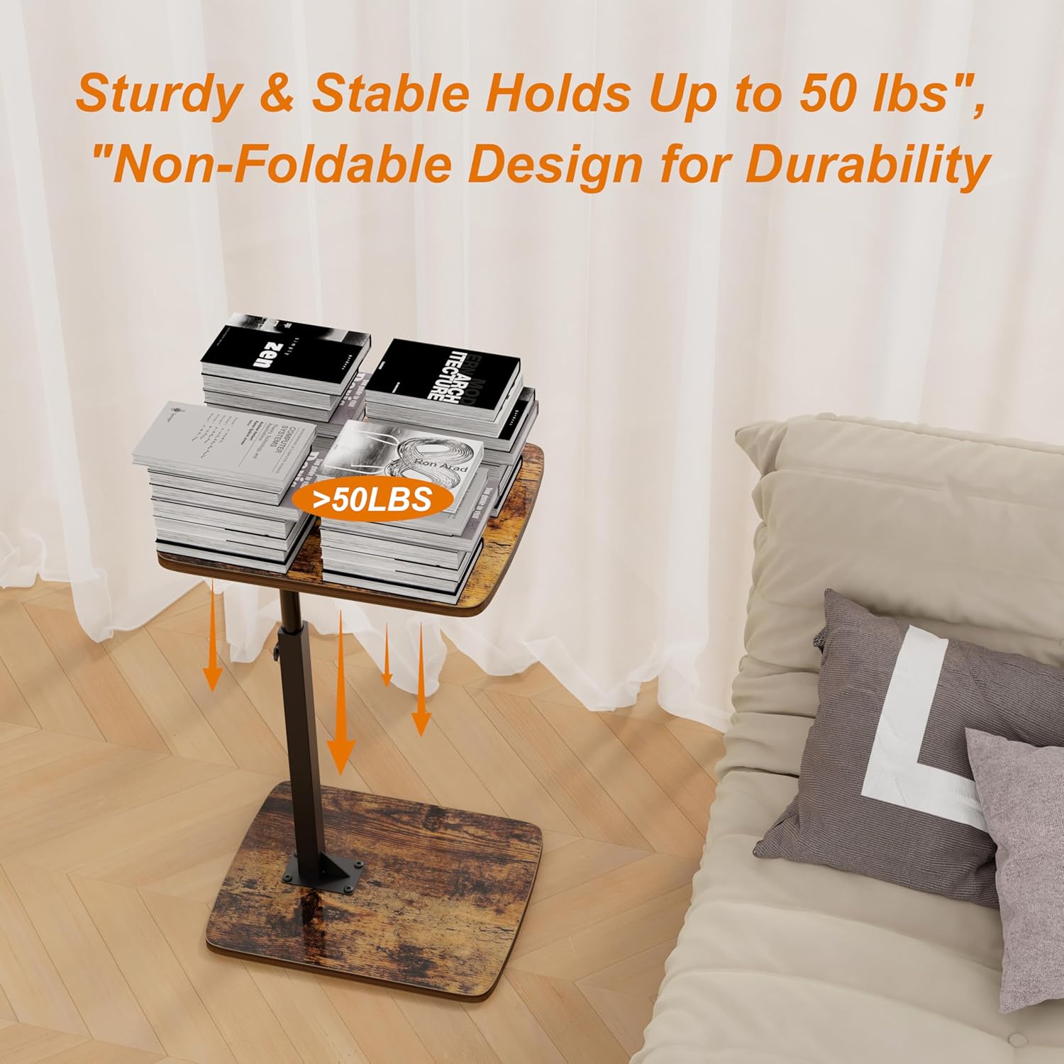 TV Tray Table for Small Spaces with 360° Swivel Tabletop & Height Adjustable,C Shaped Sofa Arm End Side Table, Bed Tray Stand for Eating Laptop,Living Room, Bedroom,Breakfast (Wood Base)