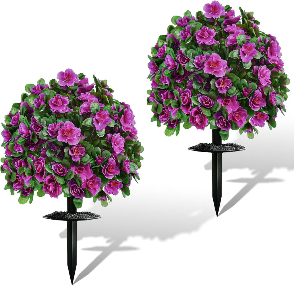 Artificial Flowers for Outdoors, Faux Outdoor Plants Fake Plants Topiary Balls Artificial Outdoor Set of 2 with Ground Spike for Home Front Porch Patio Garden Decor (Rose Purple)