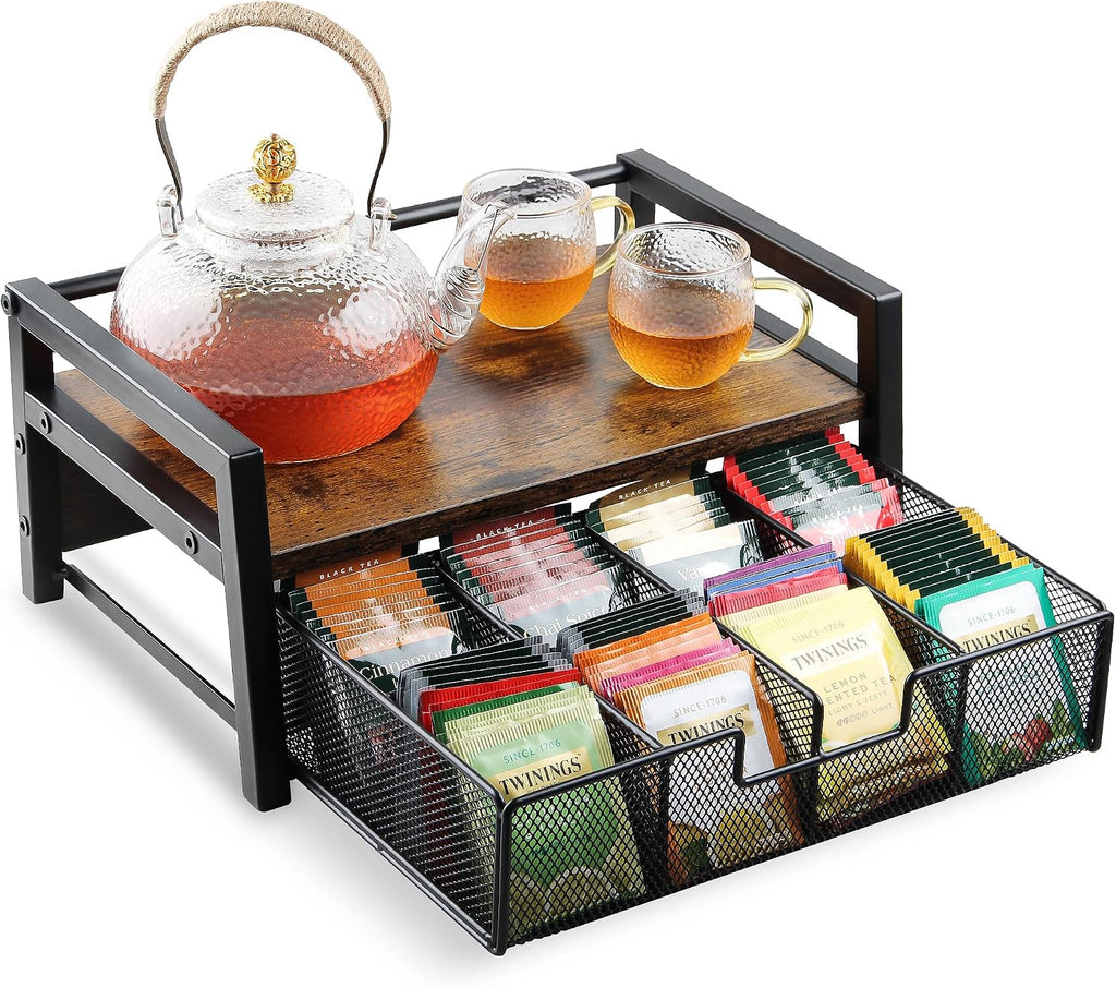 Tea Bag Organizer for Countertop, Tea Bag Storage Organizer with Drawer and Top Tray, Vintage Wood Grain Tea Organizer with Metal Frame, Tea Station Organizer for Tea Bags Coffee Sweetener Packets