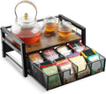 Tea Bag Organizer for Countertop, Tea Bag Storage Organizer with Drawer and Top Tray, Vintage Wood Grain Tea Organizer with Metal Frame, Tea Station Organizer for Tea Bags Coffee Sweetener Packets