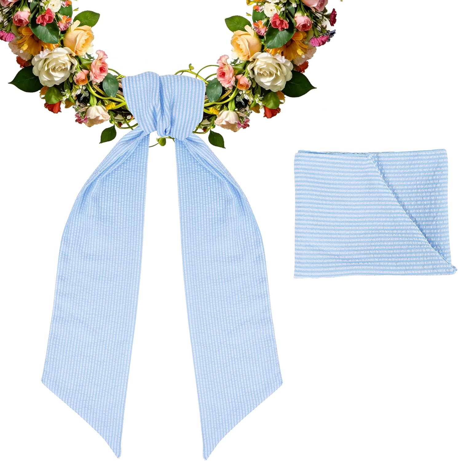 Farmhouse Sky Blue White Striped Seersucker Wreath Sash 5 Inch Wide x 54 Inch Spring St Patrick Day Wedding Holiday Party Bow Decoration