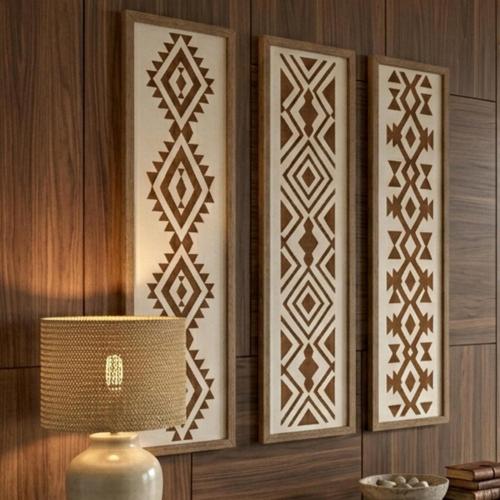X DELUXE Minimalist Aztec Wood Wall Decor Set of 3 Geometric Scandinavian Boho Hanging Panels for Living Room Bedroom Hallway Office Modern Tribal MDF Wall Art Vertical Decorative Interior Accent