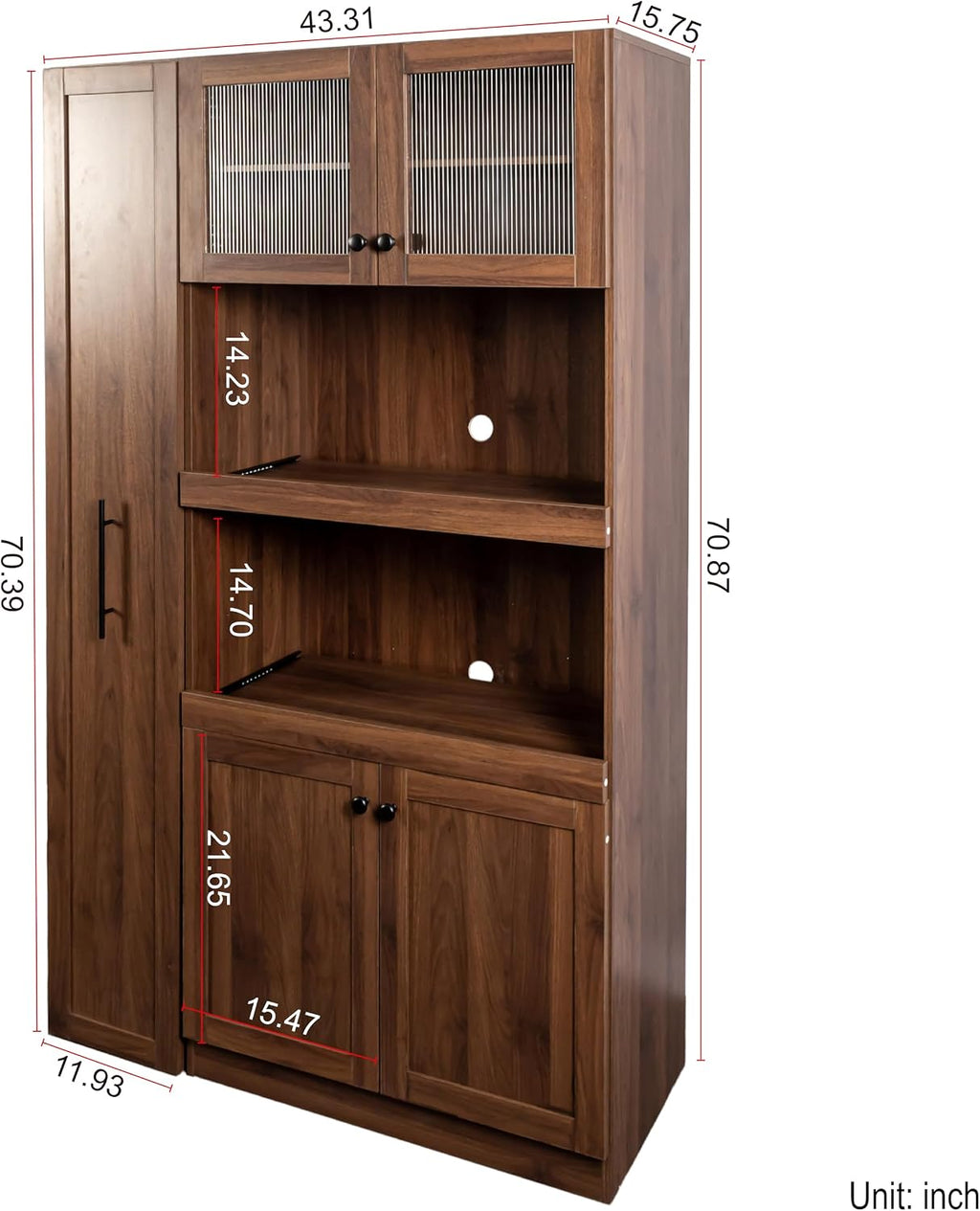 roomfitters Kitchen Pantry Cabinet with Multi-Tier Pull-Out Shelves, Farmhouse Storage Cupboard with 4 Doors, Microwave Shelf & Organizers, Walnut
