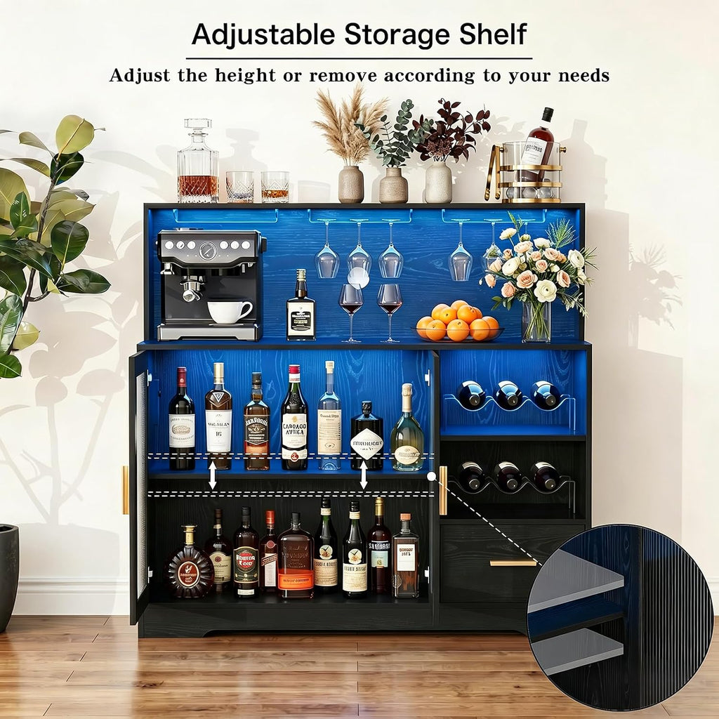 Wine Bar Cabinet with LED Lights Power Outlet Liquor for Home Black | Storage drawer, glass holders, wine racks, adjustable shelves, acrylic door, P2 MDF, for living room kitchen, modern design