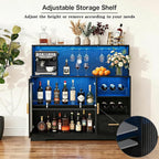 Wine Bar Cabinet with LED Lights Power Outlet Liquor for Home Black | Storage drawer, glass holders, wine racks, adjustable shelves, acrylic door, P2 MDF, for living room kitchen, modern design