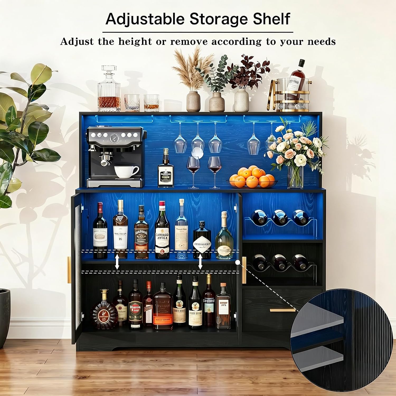Wine Bar Cabinet with LED Lights Power Outlet Liquor for Home Black | Storage drawer, glass holders, wine racks, adjustable shelves, acrylic door, P2 MDF, for living room kitchen, modern design